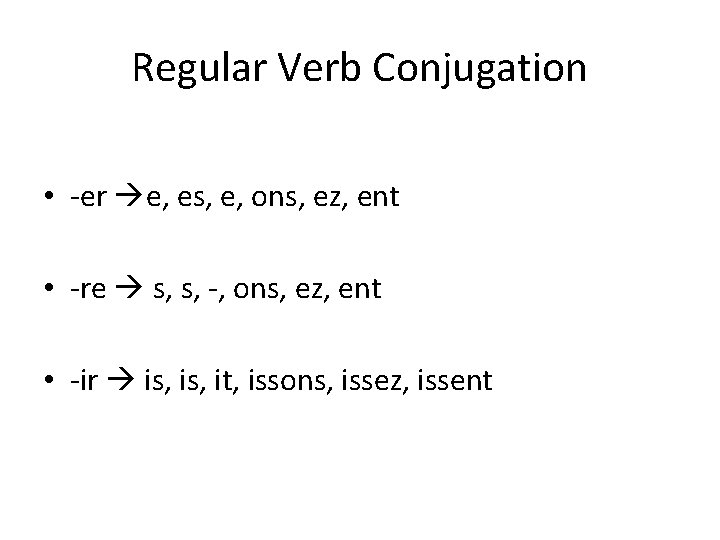 Regular Verb Conjugation • -er e, es, e, ons, ez, ent • -re s,