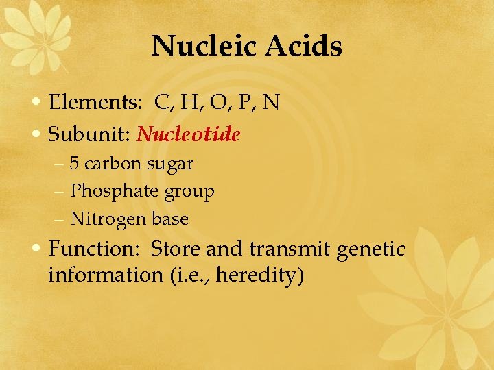 Nucleic Acids • Elements: C, H, O, P, N • Subunit: Nucleotide – 5