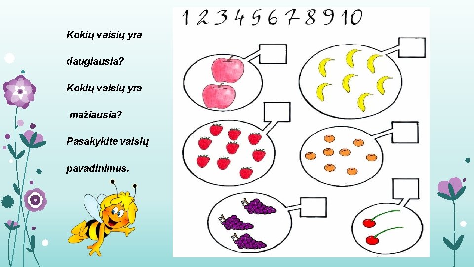 Kokių vaisių yra daugiausia? Kokių vaisių yra mažiausia? Pasakykite vaisių pavadinimus. 