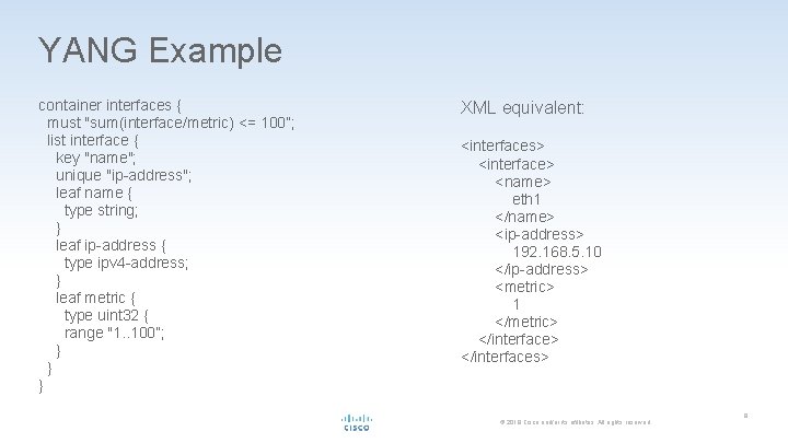 YANG Example container interfaces { must "sum(interface/metric) <= 100”; list interface { key "name";