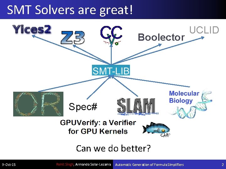 SMT Solvers are great! Boolector UCLID Spec# Can we do better? 9 -Oct-15 Rohit