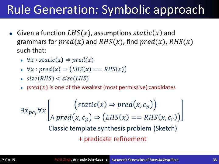 Rule Generation: Symbolic approach 9 -Oct-15 Rohit Singh, Armando Solar-Lezama Automatic Generation of Formula
