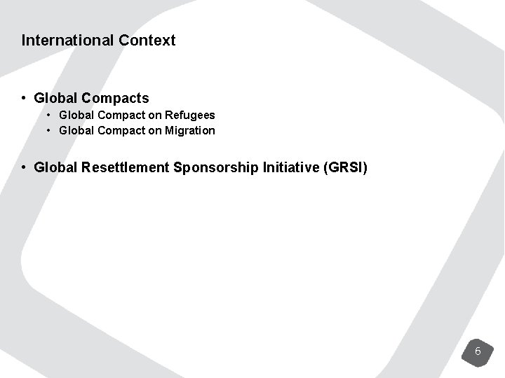 International Context • Global Compacts • Global Compact on Refugees • Global Compact on