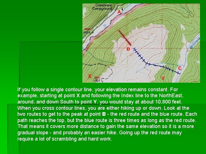 If you follow a single contour line, your elevation remains constant. For example, starting
