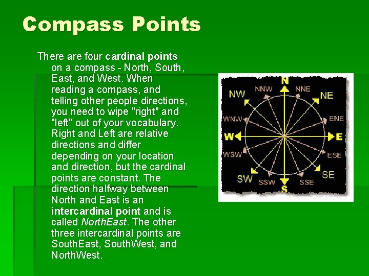 Compass Points There are four cardinal points on a compass - North, South, East,