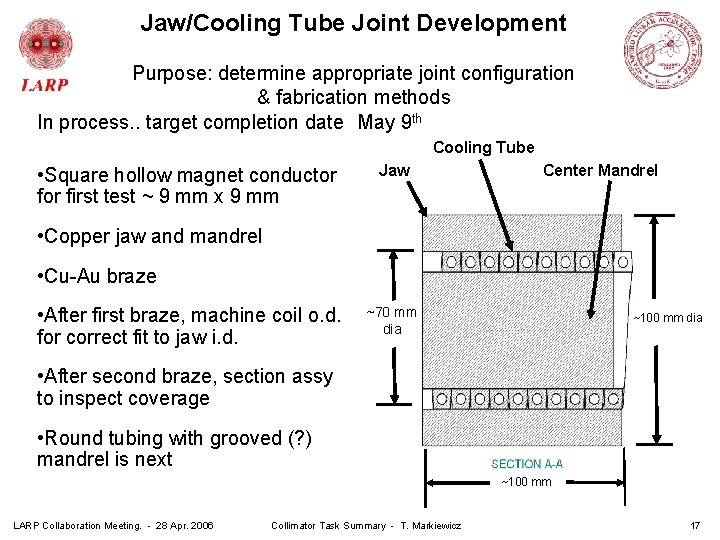 Jaw/Cooling Tube Joint Development Purpose: determine appropriate joint configuration & fabrication methods In process.