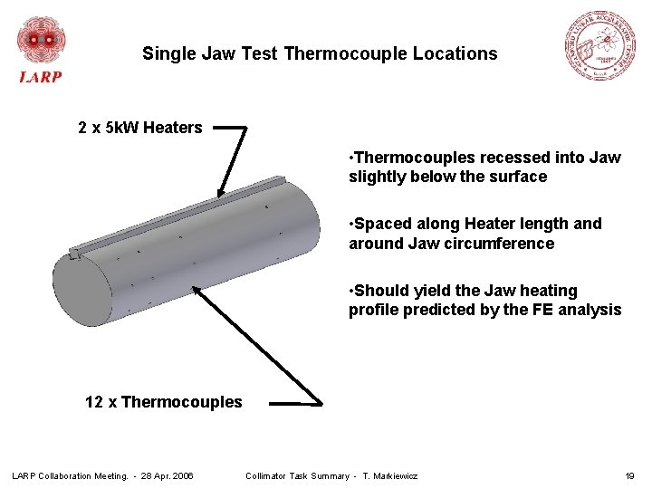 Single Jaw Test Thermocouple Locations 2 x 5 k. W Heaters • Thermocouples recessed