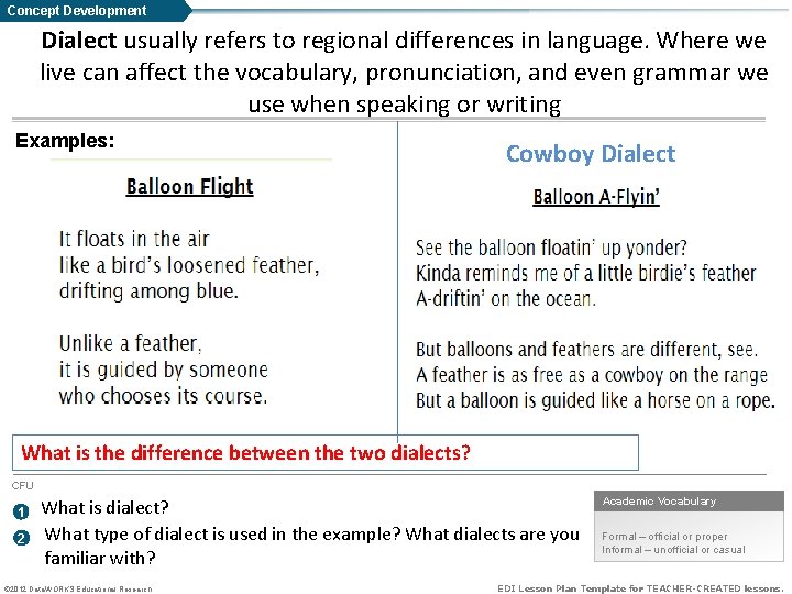Concept Development Dialect usually refers to regional differences in language. Where we live can