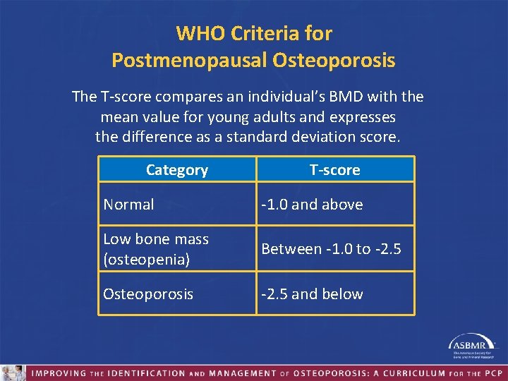 WHO Criteria for Postmenopausal Osteoporosis The T-score compares an individual’s BMD with the mean