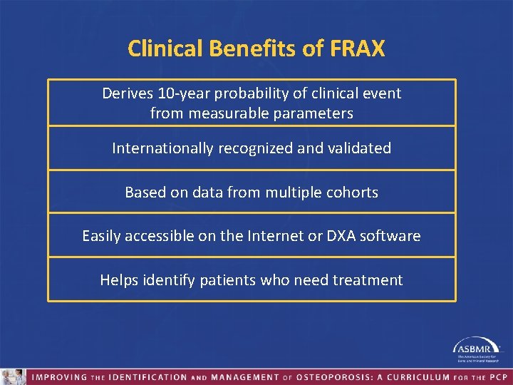 Clinical Benefits of FRAX Derives 10 -year probability of clinical event from measurable parameters