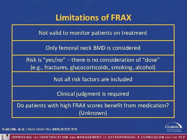 Limitations of FRAX Not valid to monitor patients on treatment Only femoral neck BMD