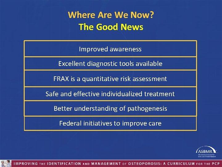 Where Are We Now? The Good News Improved awareness Excellent diagnostic tools available FRAX