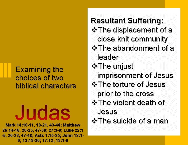 Examining the choices of two biblical characters Mark 14: 10 -11, 18 -21, 43