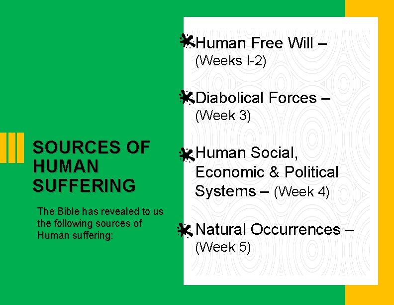 Human Free Will – (Weeks I-2) Diabolical Forces – (Week 3) SOURCES OF HUMAN