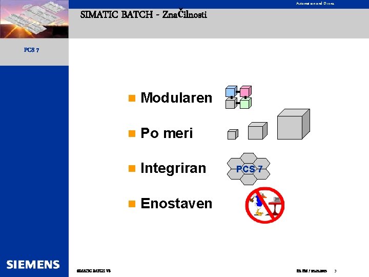 Automation and Drives SIMATIC BATCH - Značilnosti PCS 7 SIMATIC BATCH V 6 n