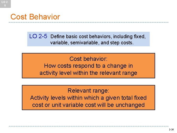 LO 25 Cost Behavior LO 2 -5 Define basic cost behaviors, including fixed, variable,