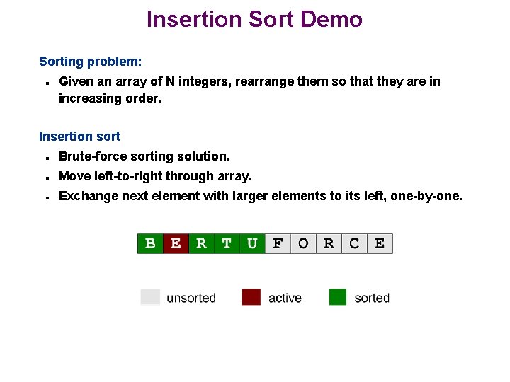 Insertion Sort Demo Sorting problem: n Given an array of N integers, rearrange them