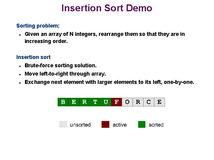 Insertion Sort Demo Sorting problem: n Given an array of N integers, rearrange them