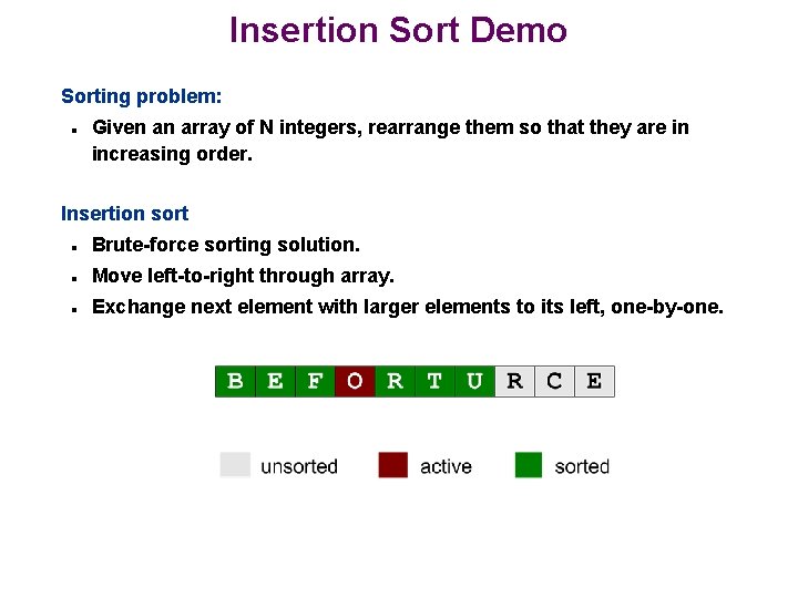 Insertion Sort Demo Sorting problem: n Given an array of N integers, rearrange them