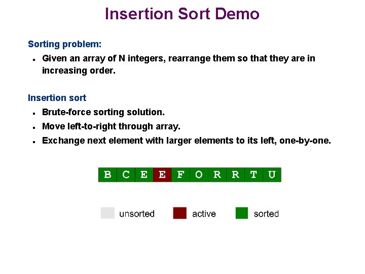 Insertion Sort Demo Sorting problem: n Given an array of N integers, rearrange them