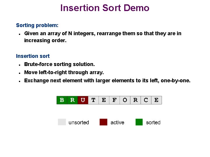 Insertion Sort Demo Sorting problem: n Given an array of N integers, rearrange them