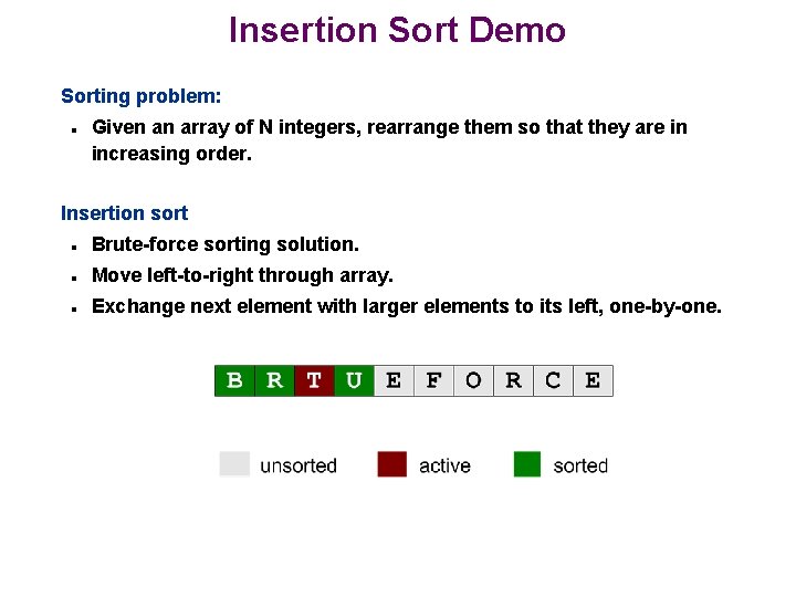 Insertion Sort Demo Sorting problem: n Given an array of N integers, rearrange them