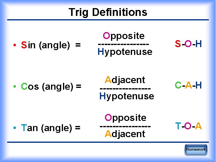 Trig Definitions • Sin (angle) = Opposite --------Hypotenuse S-O-H • Cos (angle) = Adjacent