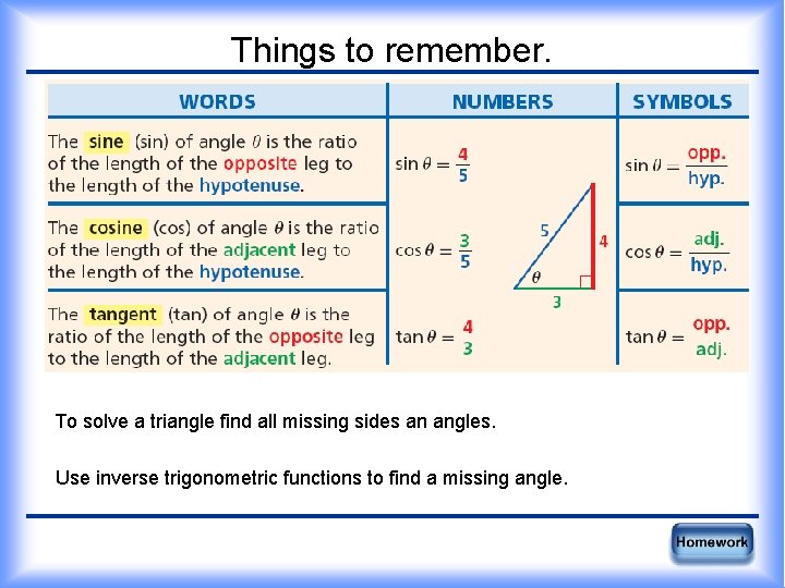 Things to remember. To solve a triangle find all missing sides an angles. Use
