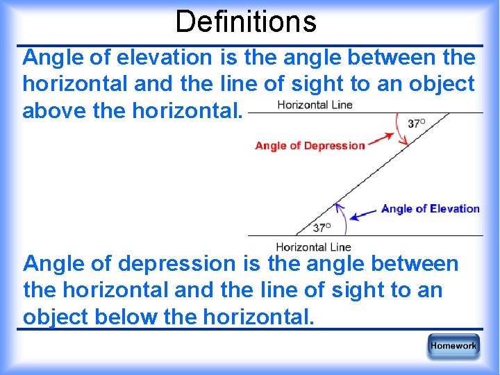 Definitions Angle of elevation is the angle between the horizontal and the line of