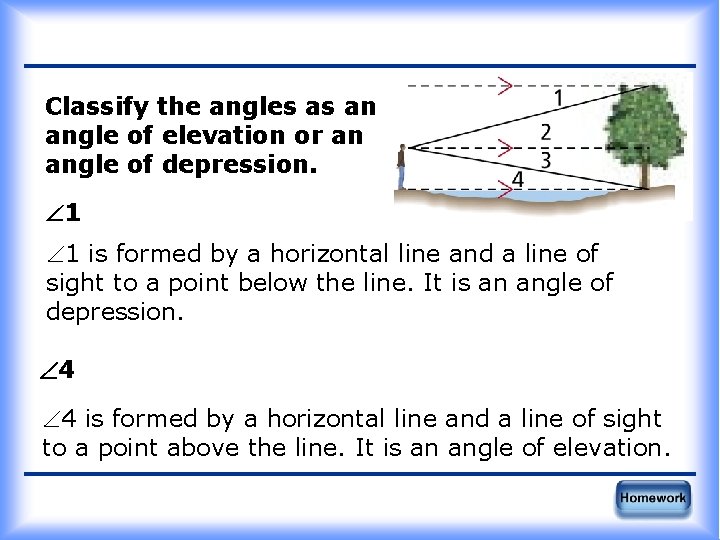 Classify the angles as an angle of elevation or an angle of depression. 1