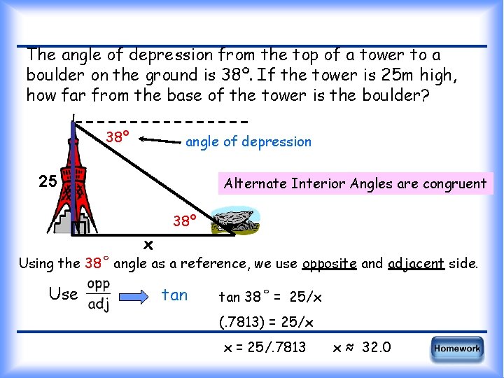 The angle of depression from the top of a tower to a boulder on