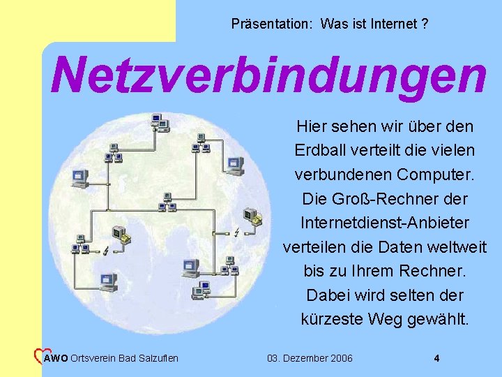 Präsentation: Was ist Internet ? Netzverbindungen Hier sehen wir über den Erdball verteilt die