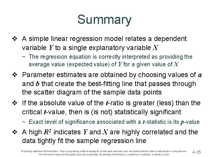 Summary v A simple linear regression model relates a dependent variable Y to a Summary v A simple linear regression model relates a dependent variable Y to a