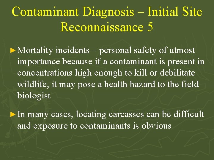 Contaminant Diagnosis – Initial Site Reconnaissance 5 ► Mortality incidents – personal safety of