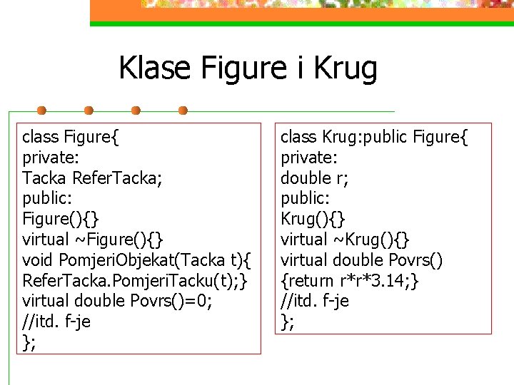 Klase Figure i Krug class Figure{ private: Tacka Refer. Tacka; public: Figure(){} virtual ~Figure(){}