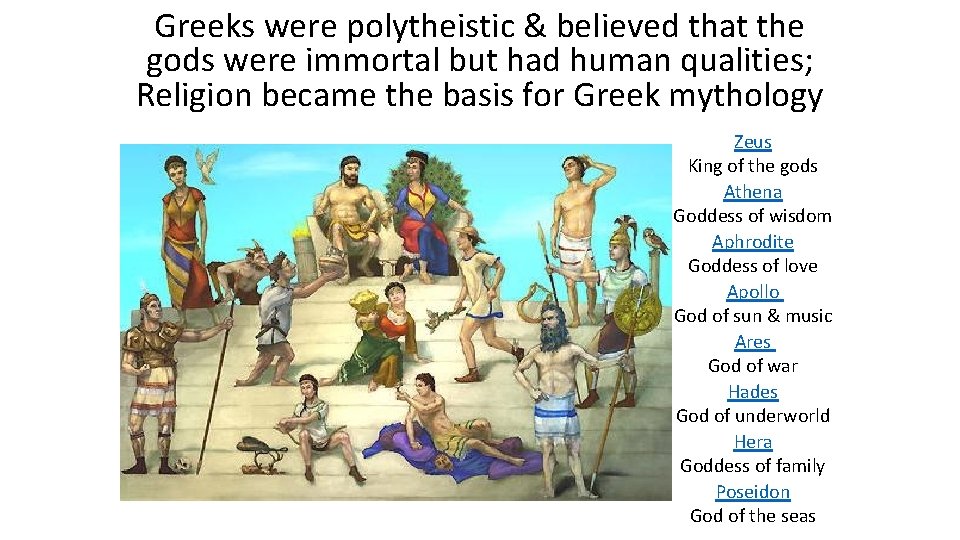 Greeks were polytheistic & believed that the gods were immortal but had human qualities;