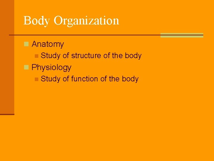 Body Organization Anatomy Study of structure of the body Physiology Study of function of