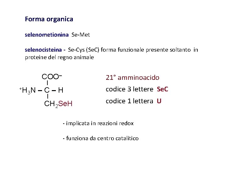 Forma organica selenometionina Se-Met selenocisteina - Se-Cys (Se. C) forma funzionale presente soltanto in