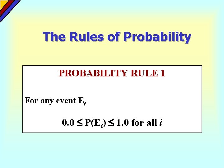The Rules of Probability PROBABILITY RULE 1 For any event Ei 0. 0 P(Ei) The Rules of Probability PROBABILITY RULE 1 For any event Ei 0. 0 P(Ei)