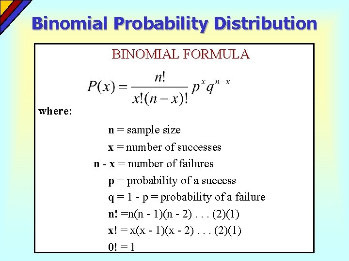 Binomial Probability Distribution BINOMIAL FORMULA where: n = sample size x = number of Binomial Probability Distribution BINOMIAL FORMULA where: n = sample size x = number of