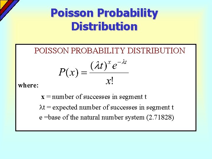 Poisson Probability Distribution POISSON PROBABILITY DISTRIBUTION where: x = number of successes in segment Poisson Probability Distribution POISSON PROBABILITY DISTRIBUTION where: x = number of successes in segment