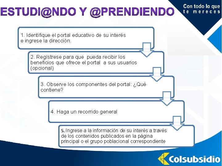 1. Identifique el portal educativo de su interés e ingrese la dirección. 2. Regístrese