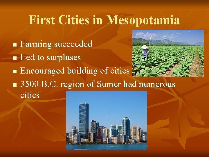 First Cities in Mesopotamia n n Farming succeeded Led to surpluses Encouraged building of