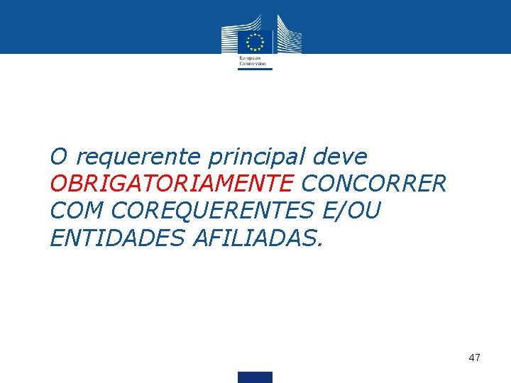  • O requerente principal deve OBRIGATORIAMENTE CONCORRER COM COREQUERENTES E/OU ENTIDADES AFILIADAS. 47