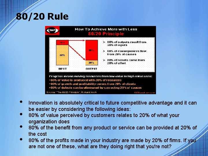 80/20 Rule Innovation is absolutely critical to future competitive advantage and it can be