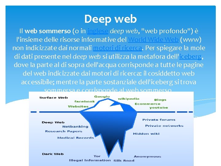 Deep web Il web sommerso (o in inglese deep web, "web profondo") è l'insieme