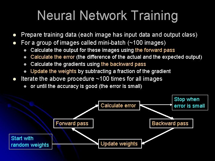 Neural Network Training l l Prepare training data (each image has input data and