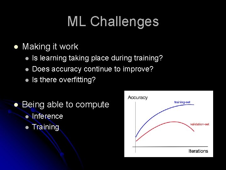 ML Challenges l Making it work l l Is learning taking place during training?