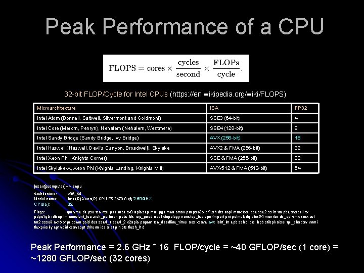Peak Performance of a CPU 32 -bit FLOP/Cycle for Intel CPUs (https: //en. wikipedia.