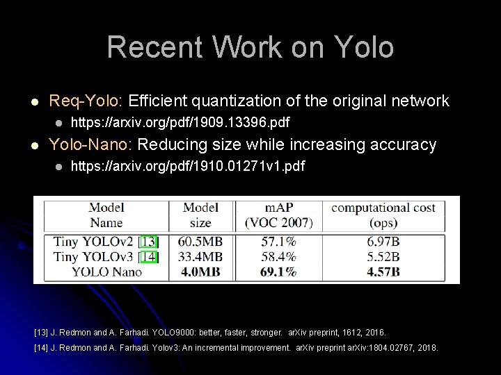 Recent Work on Yolo l Req-Yolo: Efficient quantization of the original network l l